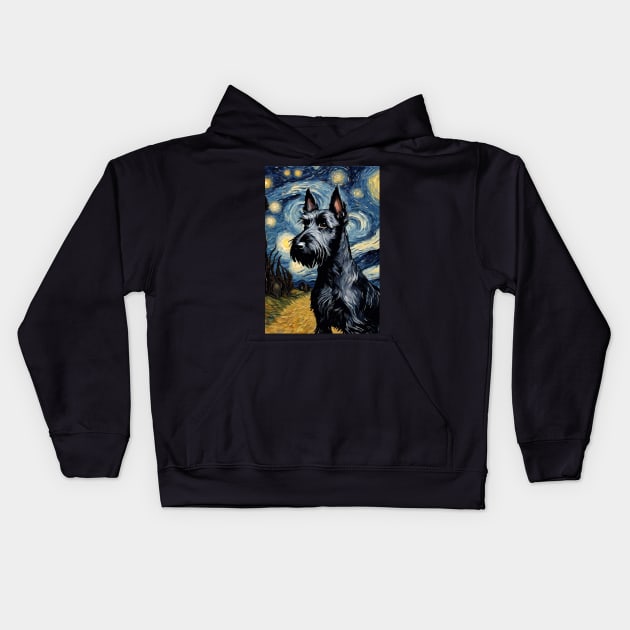 Cute Scottish Terrier Dog Breed Painting in a Van Gogh Starry Night Art Style Kids Hoodie by Art-Jiyuu